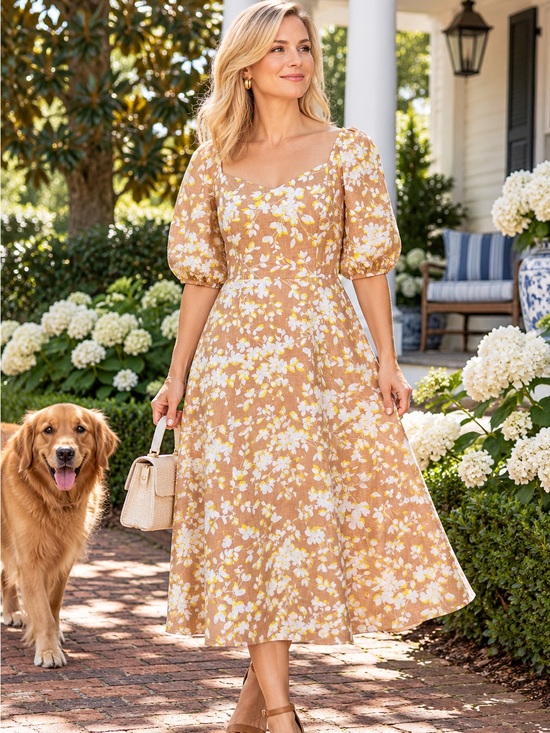 Draper James Dresses & Skirts - DRAPER JAMES Camel Cottagecore Floral Linen Sweetheart Neckline Dress, 2